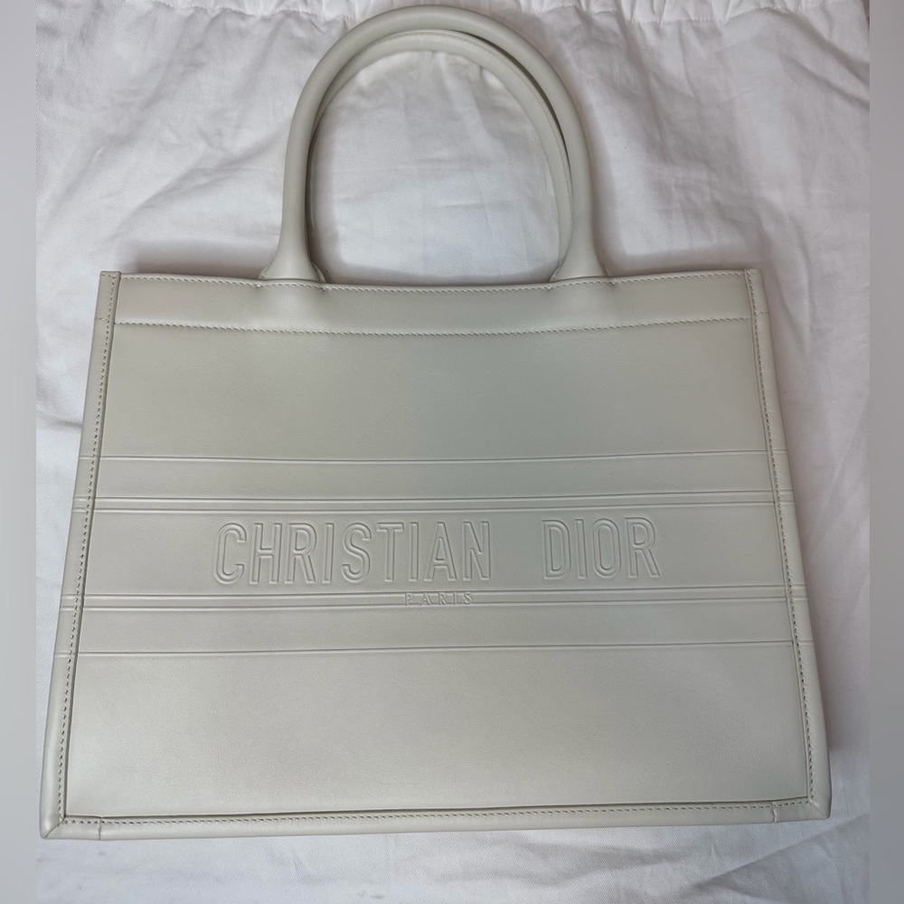 CHRISTIAN DIOR Calfskin Embossed Medium Book Tote in Creme